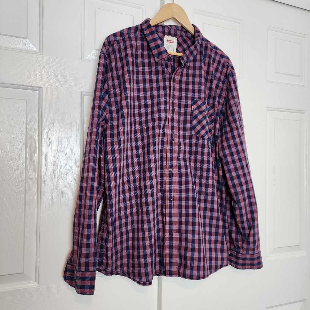 Levi's Strause Burgundy & Blue Plaid Button Down Longsleeve Men's Shirt Size XXL